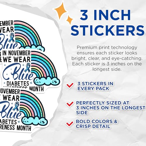 (3 Pack) Diabetes Awareness Decals - November Awareness - Rainbow Cloud Decals - 3 Inches On Longest Side - Easy Peel & Apply - Made in USA - 3MCS2604