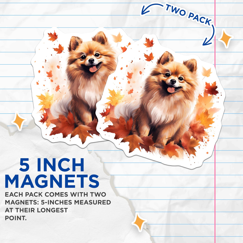 (2 Pack) Pomeranian Magnets - Cute Fall Dog Decor - Autumn Pet Lover Art - Seasonal Refrigerator Accessories - 5 Inches On Longest Side - Thick Durable Magnet - Made in USA - MAG26572