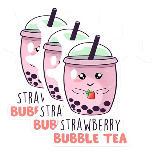 (3 Pack) Strawberry Bubble Tea Decals - Boba Tea Sticker - Laptop Decal - 3 Inches On Longest Side - Easy Peel & Apply - Made in USA - 3MCS6524