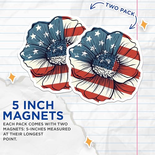 (2 Pack) American Flag Flower Magnets Magnets - USA Patriotic Decor - Red White Blue Flower Art - 5" On Longest Side - Made in USA - Sticks to Refrigerators & Metal Surfaces - MAG8969