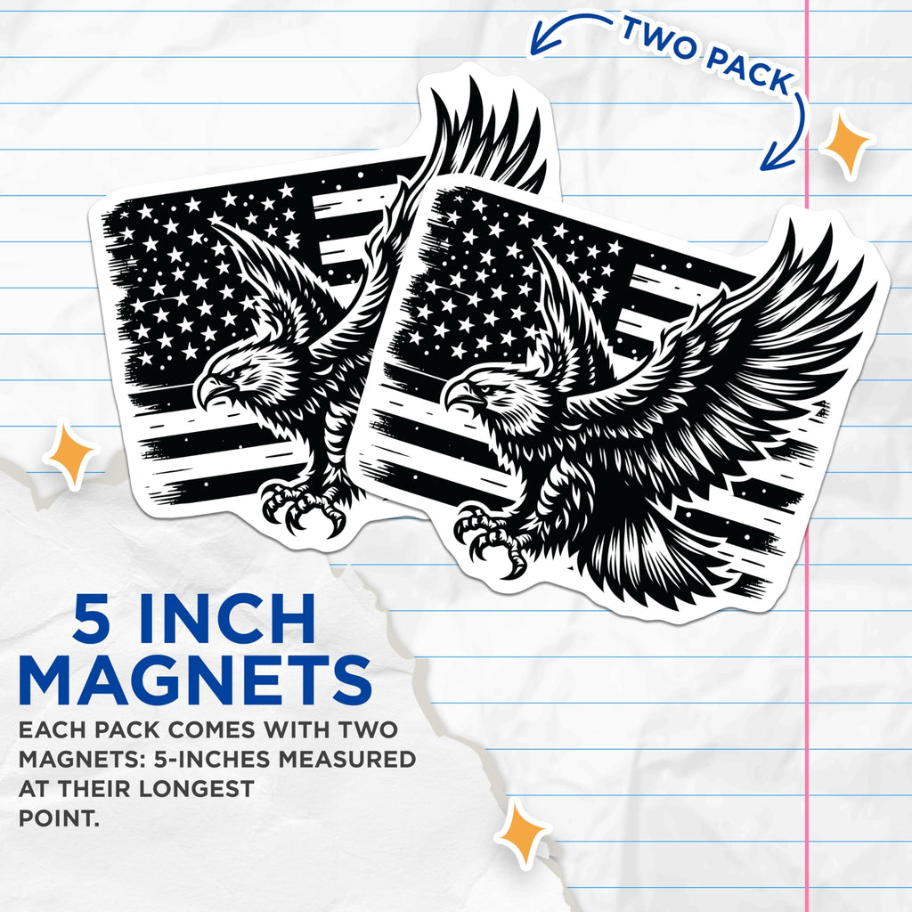 (2 Pack) Eagle US Flag Magnets - Patriotic Decor - American Pride Refrigerator Decorations - 5" On Longest Side - Premium Magnet - for Cars, Refrigerators, Toolboxes, Lockers - Made in USA - MAG16553