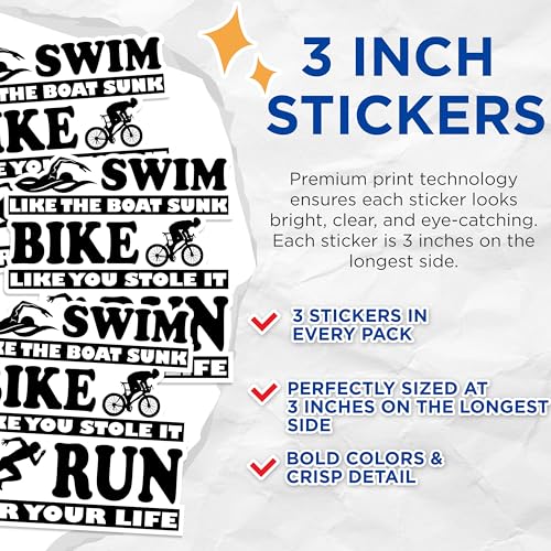 (3 Pack) Triathlon Decals - Swim Bike Run - Motivation Decals - 3 Inches On Longest Side - Easy Peel & Apply - Made in USA - 3MCS1343