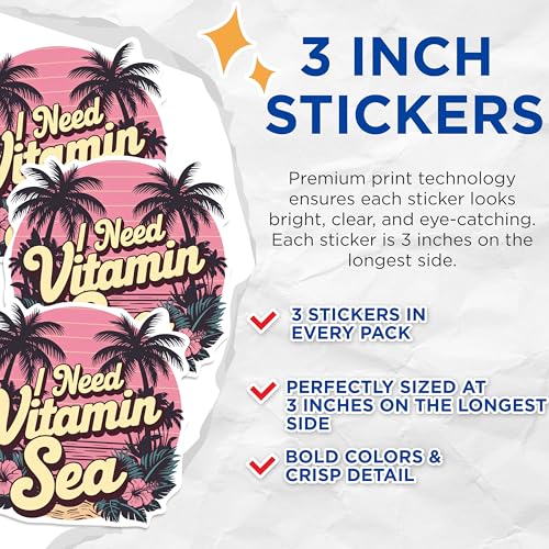 (3 Pack) Vitamin Sea Decals - Beach Lover - Tropical Laptop Decal - 3 Inches On Longest Side - Easy Peel & Apply - Made in USA - 3MCS0599