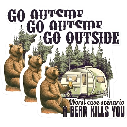 (3 Pack) Go Outside Decals - Camping Trailer - Funny Bear Laptop Decal - 3 Inches On Longest Side - Easy Peel & Apply - Made in USA - 3MCS1263