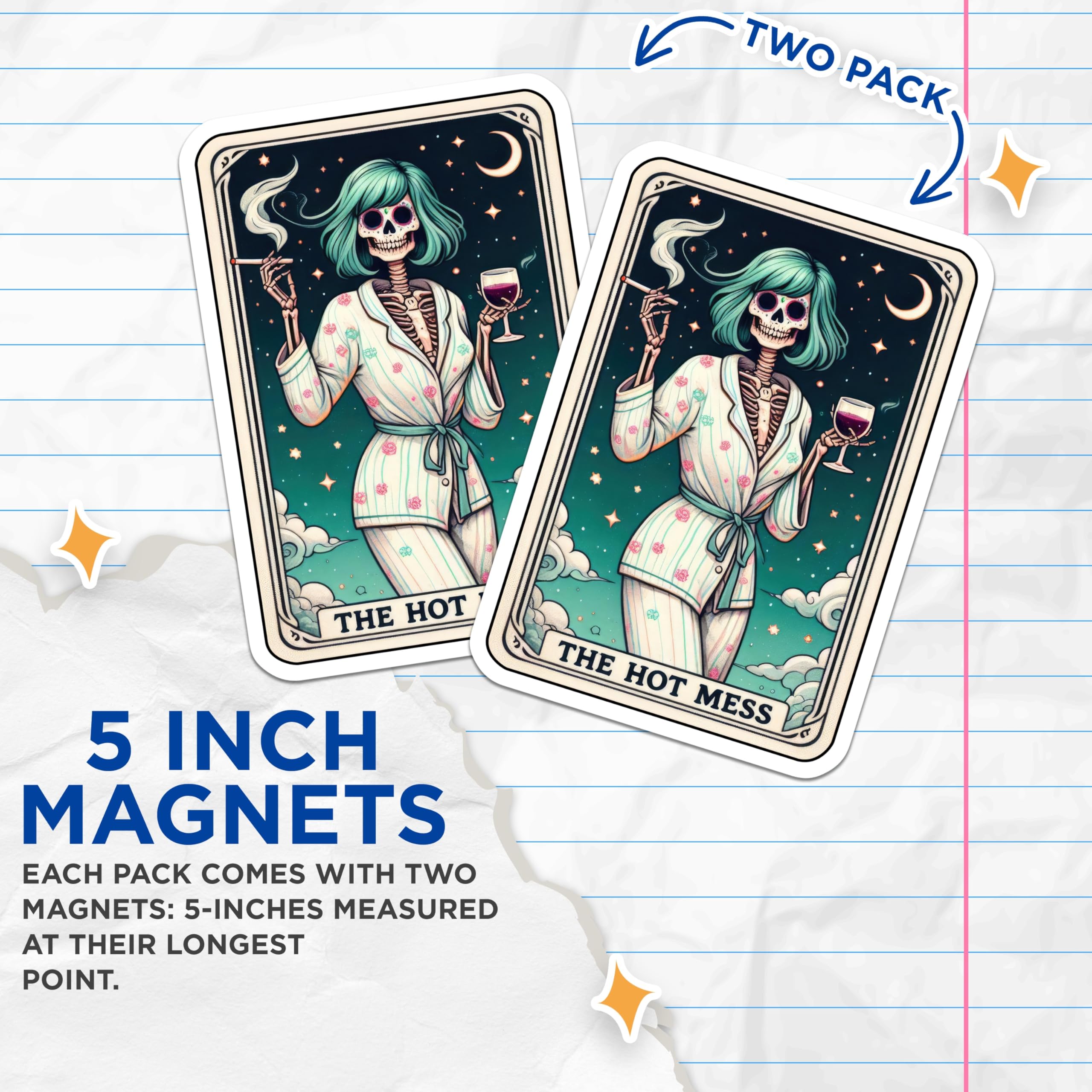 (2 Pack) Hot Mess Magnets - Sarcastic Skeleton Decor - Tarot Card Vibe Art - Refrigerator Magnets - 5 Inches On Longest Side - Thick Durable Magnet - Made in USA - MAG30313