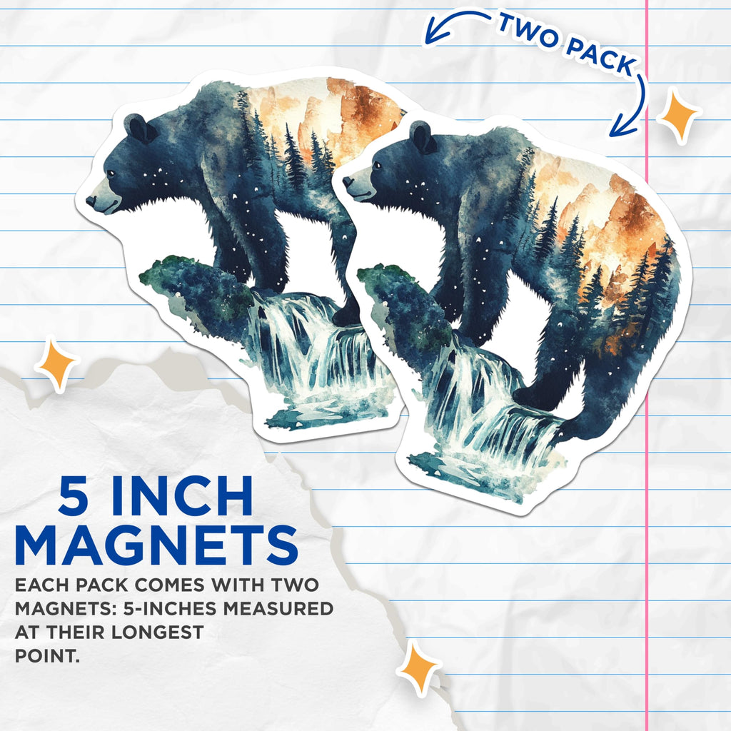 (2 Pack) Bear Scene Magnets - Watercolor Mountain Art - Nature Inspired Magnets - 5" On Longest Side - Premium Magnet - for Cars, Refrigerators, Toolboxes, Lockers - Made in USA - MAG15145