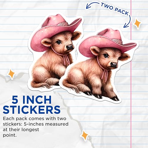 (2 Pack) Cute Baby Cow Stickers - Pink Cowboy Hat Cow Stickers - Adorable Animal Stickers for Laptops Notebooks - 5" On Longest Side - Sticks to Any Smooth Flat Surface - Made in USA - BMCS3612