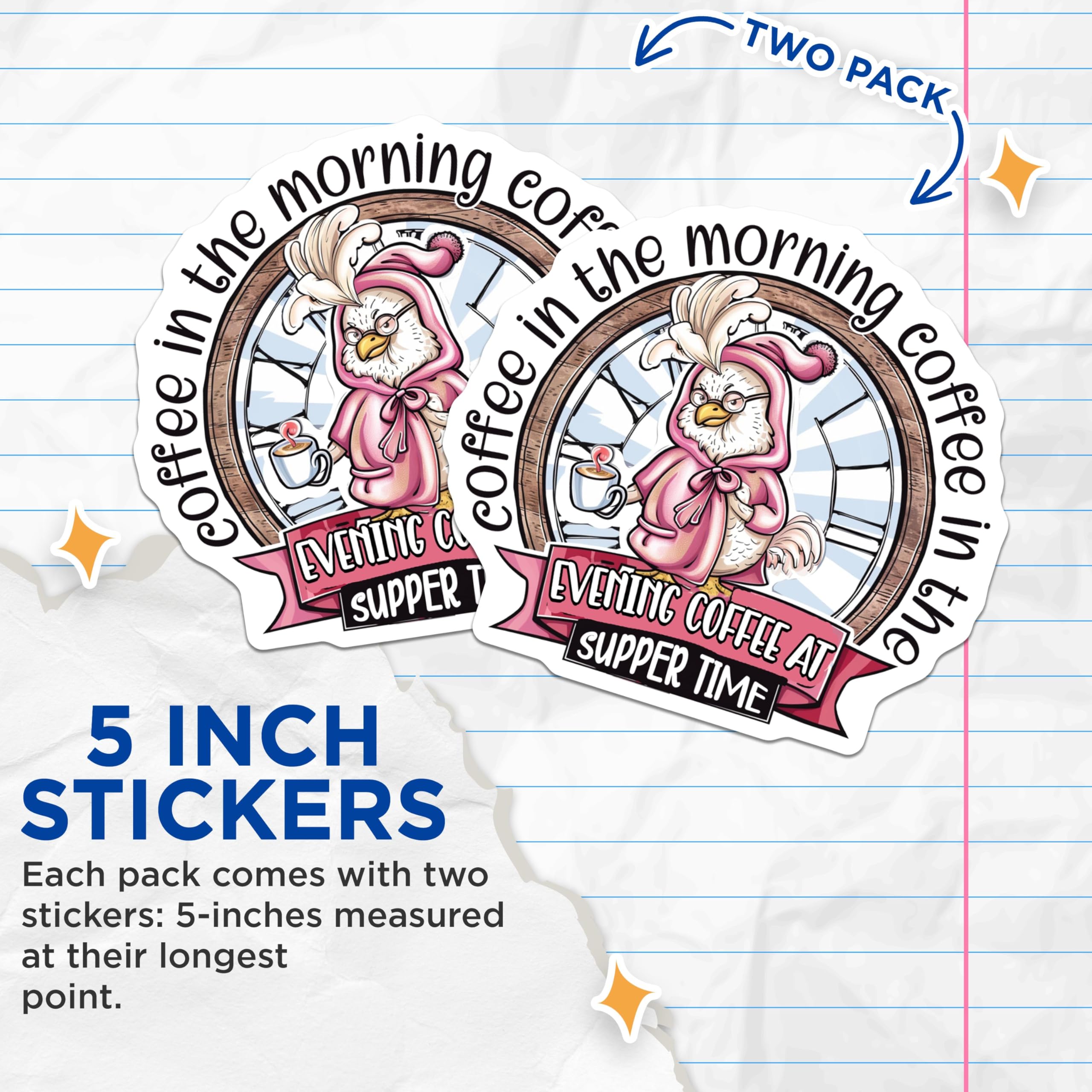 (2 Pack) Coffee in The Morning Stickers - Evening Coffee - Funny Coffee Stickers - 5" On Longest Side - Sticks to Smooth Flat Surfaces - Made in USA - BMCS4369