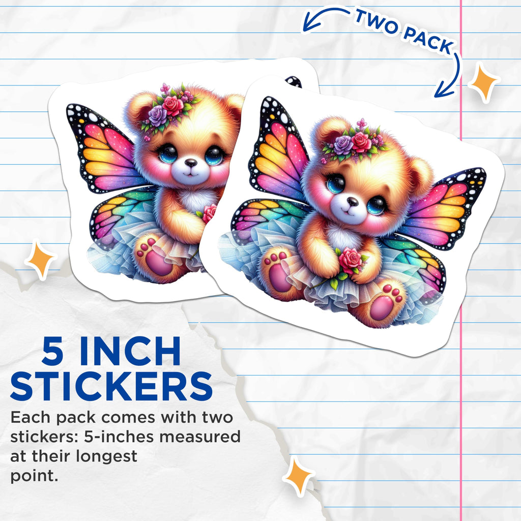(2 Pack) Cute Butterfly Bear Stickers - Rainbow Wing Fairy Animal Decals - Adorable Kawaii Teddy Character Graphic Art - 5" On Longest Side - Sticks to Smooth Flat Surfaces - Made in USA - BMCS21298