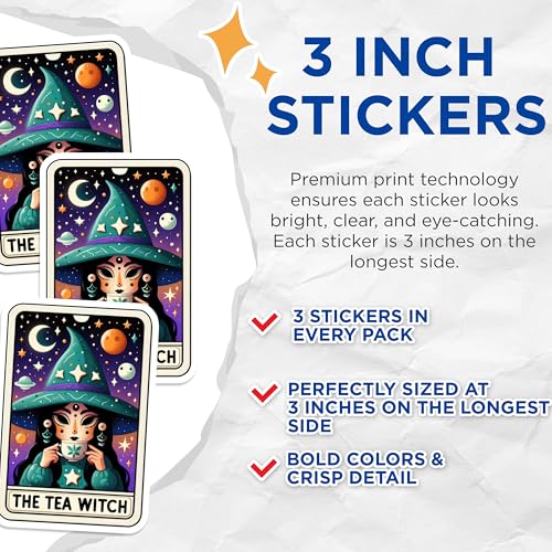 (3 Pack) Tea Witch Decals - Tarot Card Witch - Kawaii Witch Decal - 3 Inches On Longest Side - Easy Peel & Apply - Made in USA - 3MCS4274