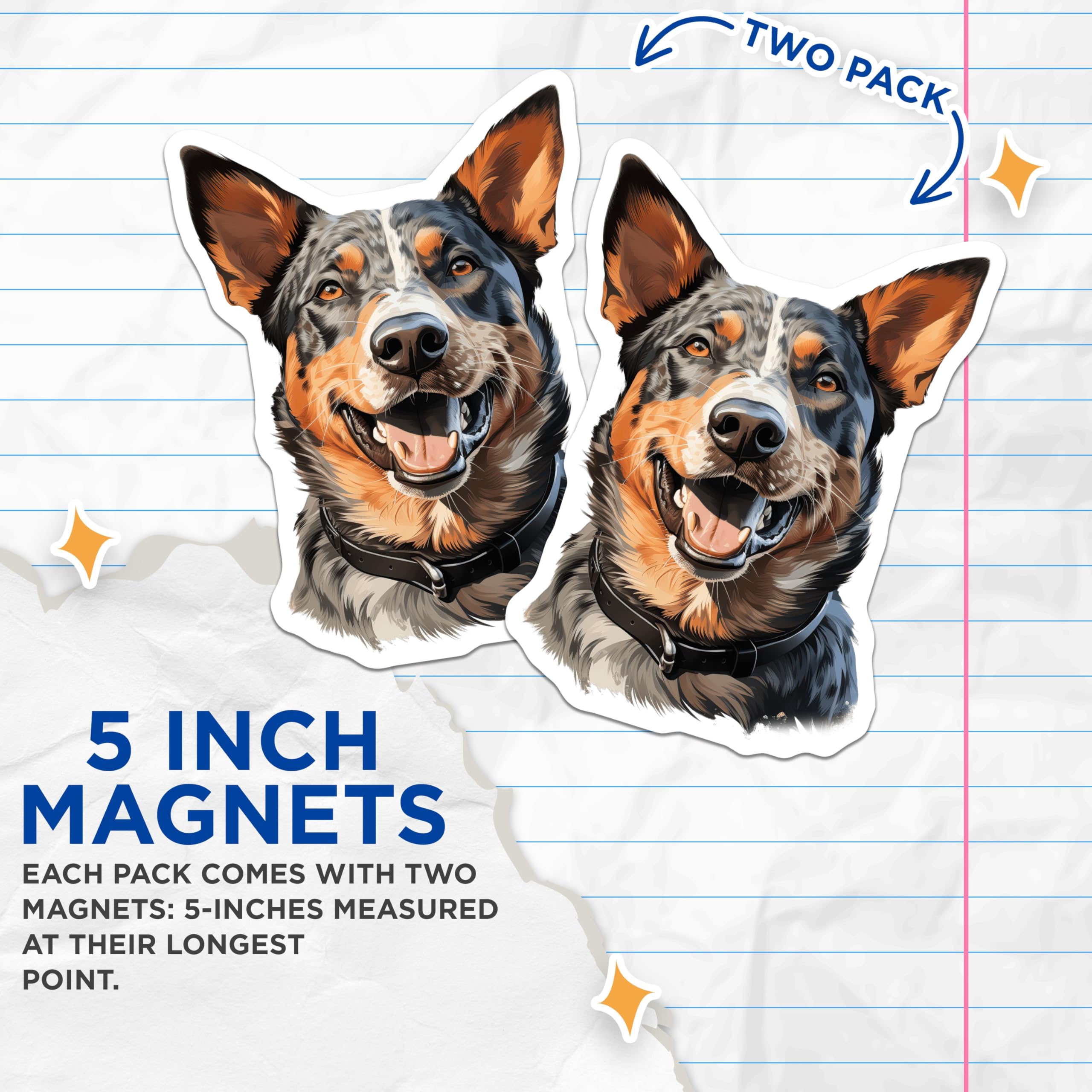 (2 Pack) Australian Cattle Dog Magnets - Happy Blue Heeler Art - Dog Breed Refrigerator Decor - 5 Inches On Longest Side - Thick Durable Magnet - Made in USA - MAG24236