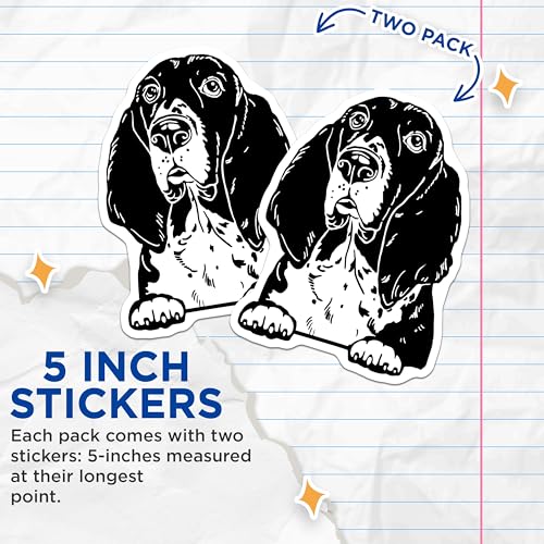 (2 Pack) Basset Hound Dog Stickers - Animal Lover Stickers - Cute Puppy Stickers for Laptops Cars - 5" On Longest Side - Sticks to Smooth Flat Surfaces - Made in USA - BMCS4038