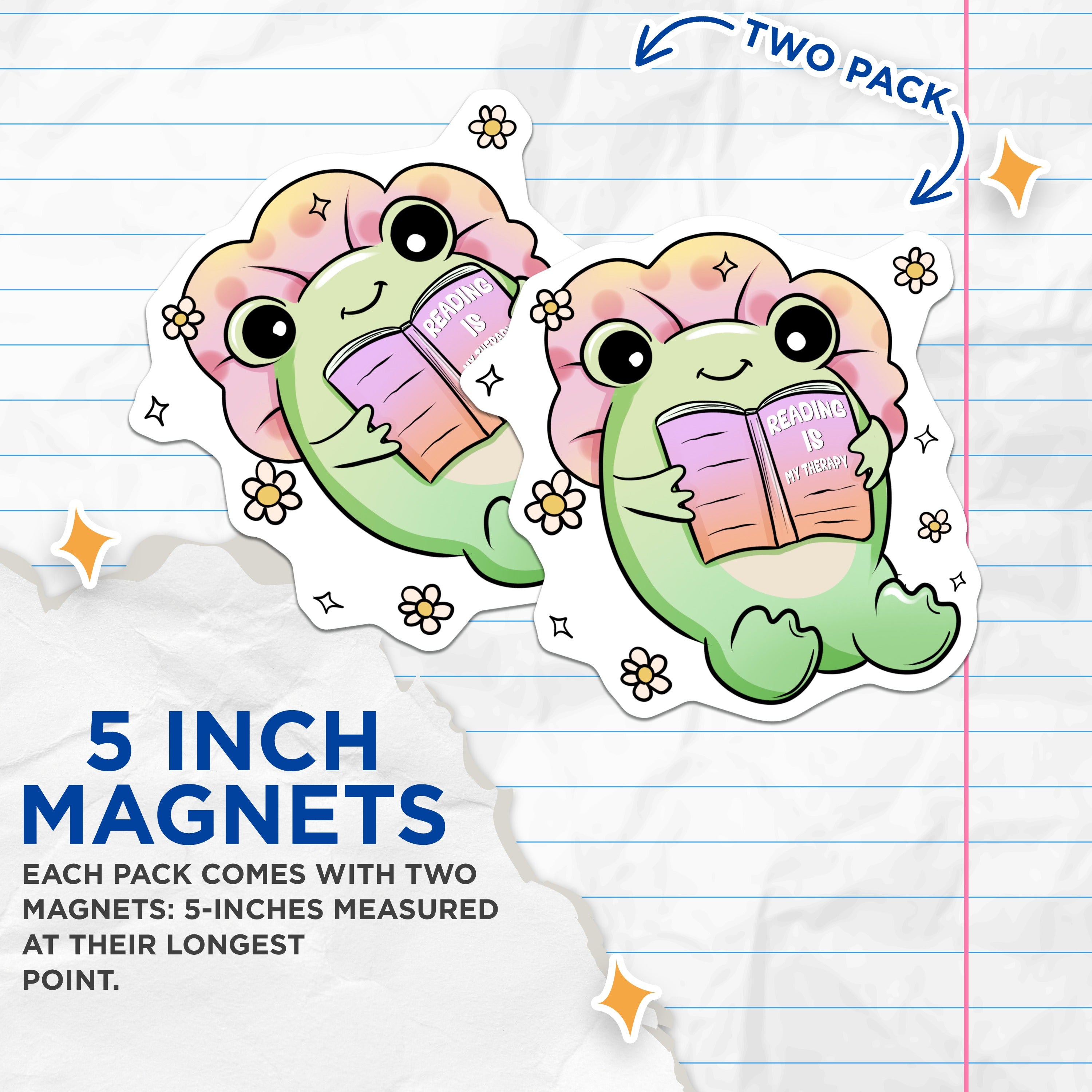 (2 Pack) Reading Frog Magnets - Book Lover Reader Decor - Cute Cozy Mental Health Art - Kawaii Student Literary Items - 5 Inches On Longest Side - Thick Durable Magnet - Made in USA - MAG39207