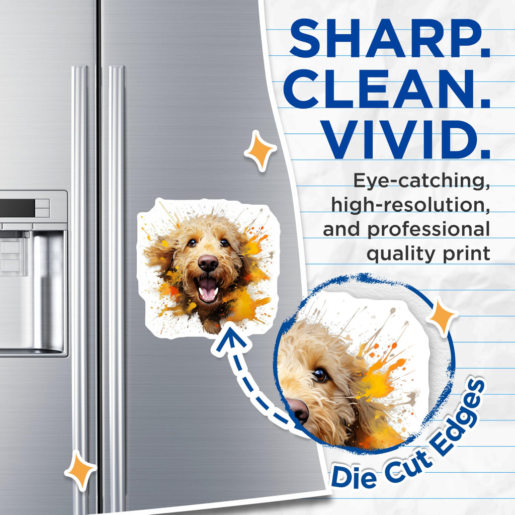 (2 Pack) Goldendoodle Magnets - Watercolor Dog Art - Happy Pet Lover - Smiling Puppy Fridge Decor - 5 Inches On Longest Side - Thick Durable Magnet - Made in USA - MAG25514