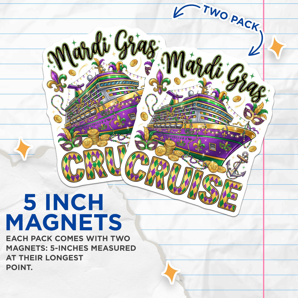 (2 Pack) Mardi Gras Cruise Magnets - Celebration Souvenir - Festive Decorations - 5" On Longest Side - Premium Magnet - for Cars, Refrigerators, Toolboxes, Lockers - Made in USA - MAG15252