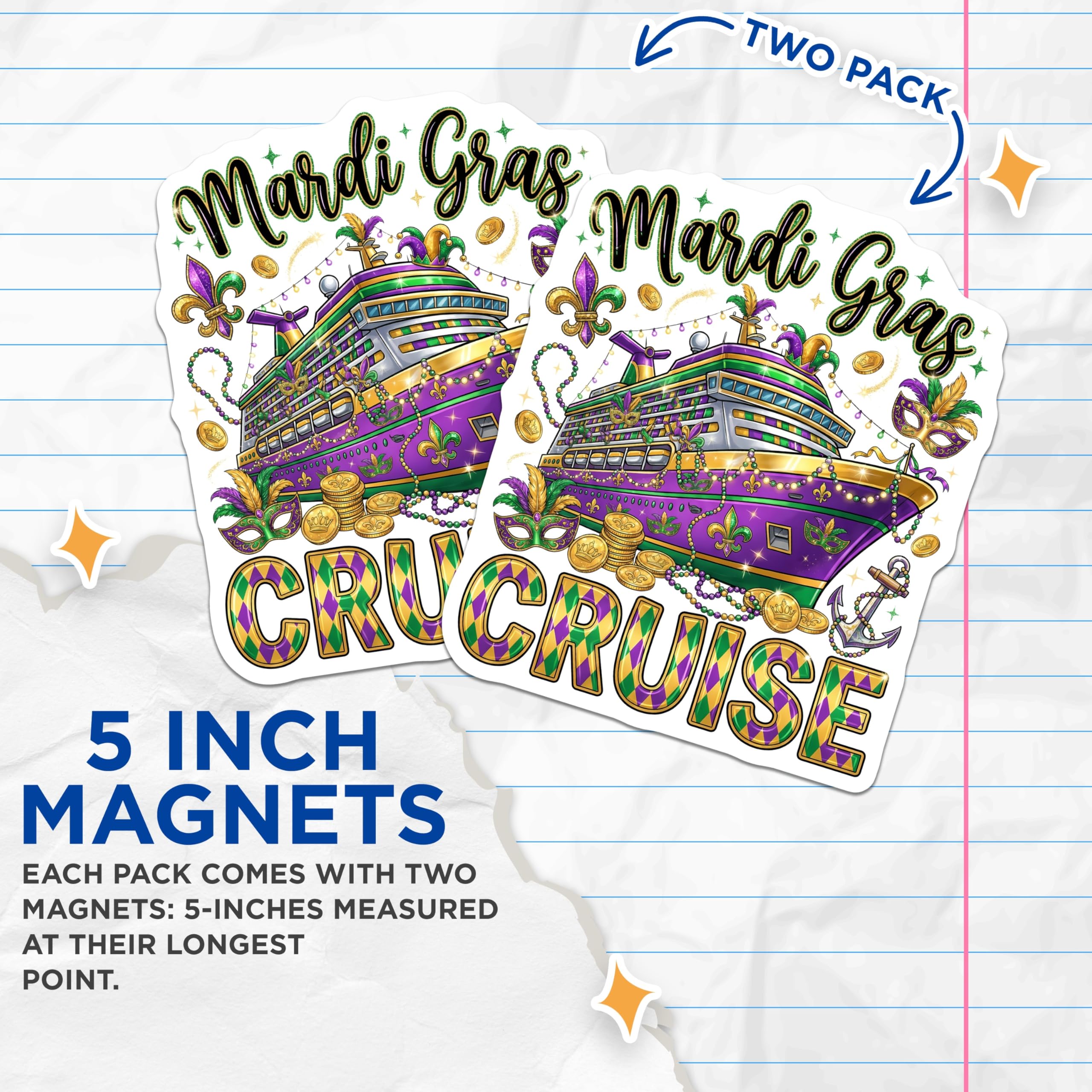 (2 Pack) Mardi Gras Cruise Magnets - Celebration Souvenir - Festive Decorations - 5" On Longest Side - Premium Magnet - for Cars, Refrigerators, Toolboxes, Lockers - Made in USA - MAG15252