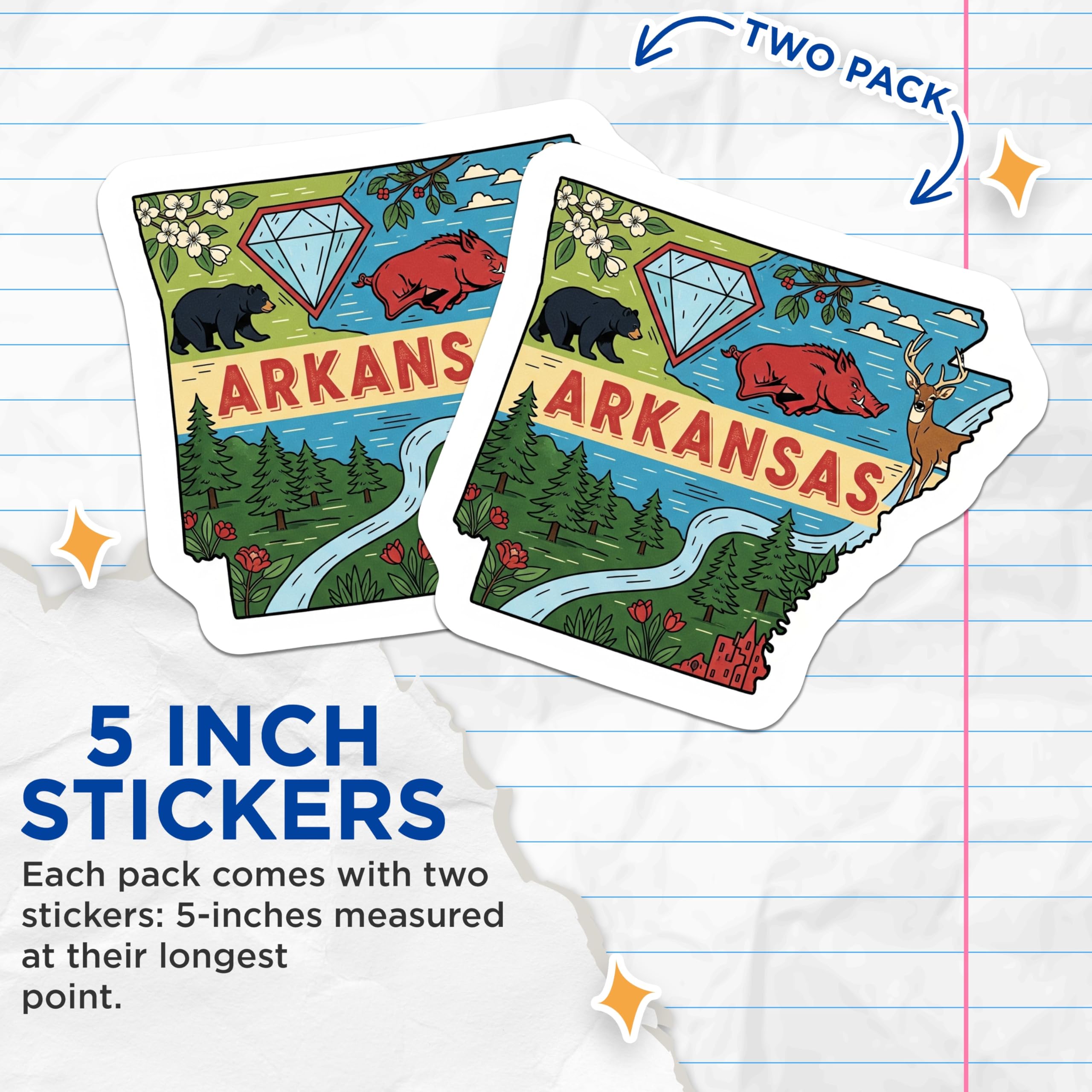 (2 Pack) Arkansas State Stickers - Bear Deer Boar - Diamond State Souvenir - 5" On Longest Side - Sticks to Smooth Flat Surfaces - Made in USA - BMCS17645