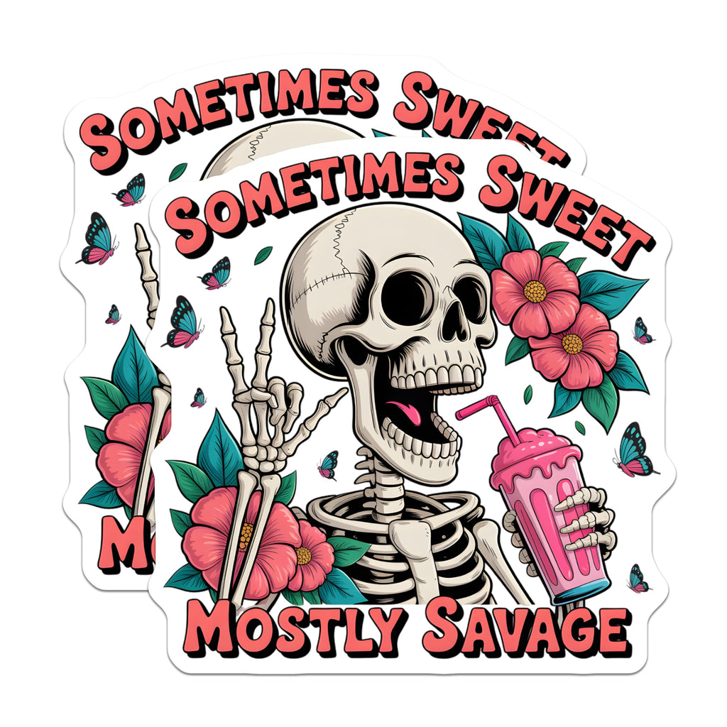 (2 Pack) Sometimes Sweet Mostly Savage Skeleton Magnets - Edgy Peace Sign Skull Art - Pink Drink Floral Fridge Locker Decor - 5 Inches On Longest Side - Thick Durable Magnet - Made in USA - MAG22037