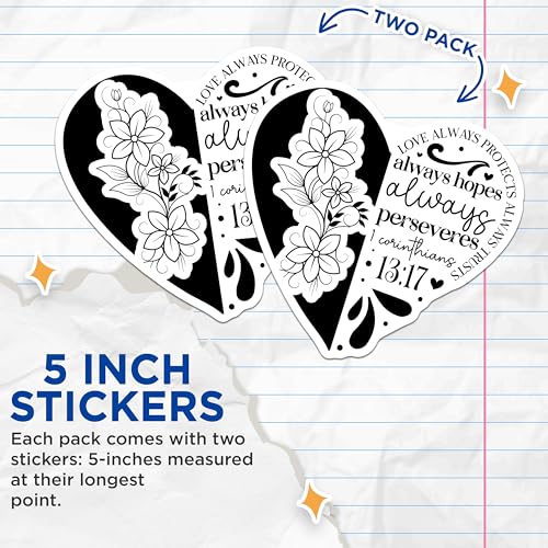 (2 Pack) Inspirational Love Stickers - Bible Verse Stickers - Heart Floral Stickers - 5" On Longest Side - Sticks to Smooth Flat Surfaces - Made in USA - BMCS3855