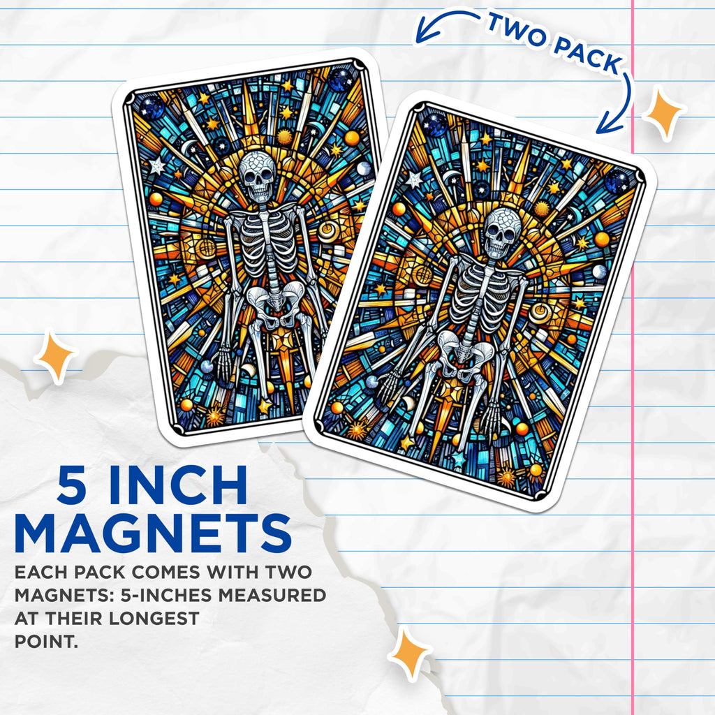 (2 Pack) Stained Glass Skeleton Magnets - Cosmic Celestial Tarot Card Artwork - Mystical Occult Spiritual Decor Aesthetic - 5 Inches On Longest Side - Thick Durable Magnet - Made in USA - MAG21301