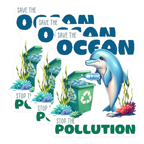 (3 Pack) Ocean Conservation Decals - Dolphin Recycling Sticker - Save Ocean Pollution Decal - 3 Inches On Longest Side - Easy Peel & Apply - Made in USA - 3MCS6723