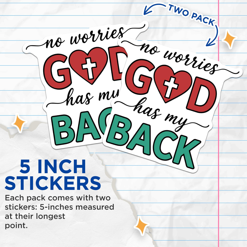 (2 Pack) No Worries God Stickers - Faith Based Decals - Christian Stickers - 5" On Longest Side - Sticks to Smooth Flat Surfaces - Made in USA - BMCS15765