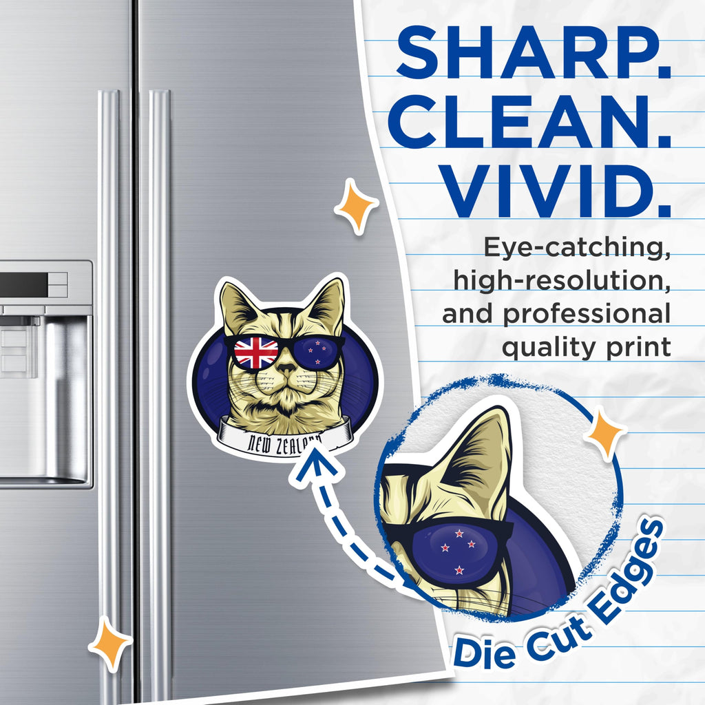 (2 Pack) New Zealand Cat Magnets - Kiwi Cat Art - Cool Cat Souvenir Magnets - 5" On Longest Side - Premium Magnet - for Cars, Refrigerators, Toolboxes, Lockers - Made in USA - MAG18961