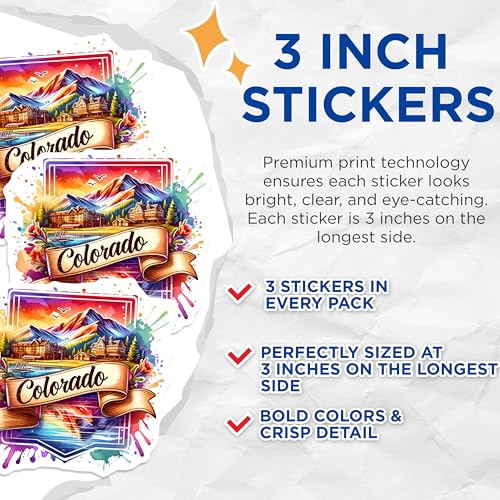 (3 Pack) Colorado Decals - Watercolor Mountain Art - Laptop Stickers- 3 Inches On Longest Side - Easy Peel & Apply - Made in USA - 3MCS5545