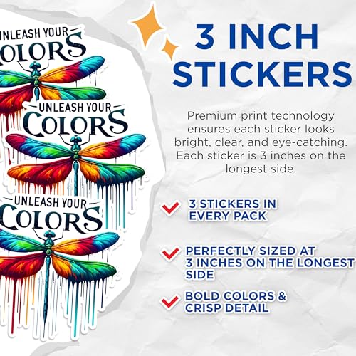 (3 Pack) Dragonfly Decals - Unleash Your Colors - Laptop Decal - 3 Inches On Longest Side - Easy Peel & Apply - Made in USA - 3MCS1510