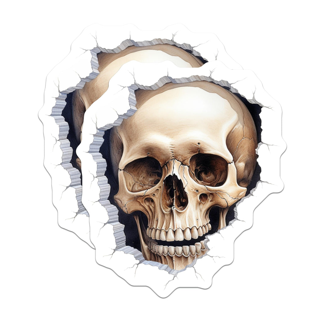 (2 Pack) Realistic Skull Stickers - Cracked Wall Decal - Gothic Art Statement - Macabre Skeleton Head Graphic - 5" On Longest Side - Sticks to Smooth Flat Surfaces - Made in USA - BMCS21398