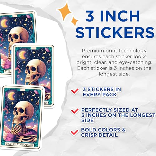 (3 Pack) Philosopher Skull Decals - Tarot Card Sticker - Laptop Decal Art - 3 Inches On Longest Side - Easy Peel & Apply - Made in USA - 3MCS4242