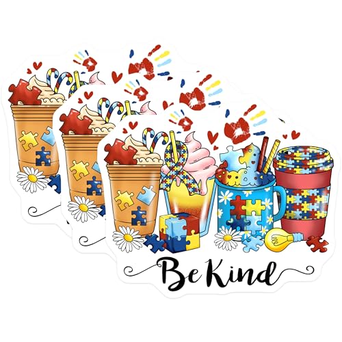 (3 Pack) Autism Awareness Decals - Be Kind - Coffee Decals - 3 Inches On Longest Side - Easy Peel & Apply - Made in USA - 3MCS4739
