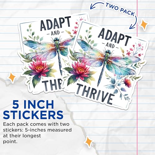(2 Pack) Inspirational Dragonfly Stickers - Adapt and Thrive Quote Stickers - Colorful Dragonfly Art Decal - 5" On Longest Side - Sticks to Any Smooth Flat Surface - Made in USA - BMCS2696