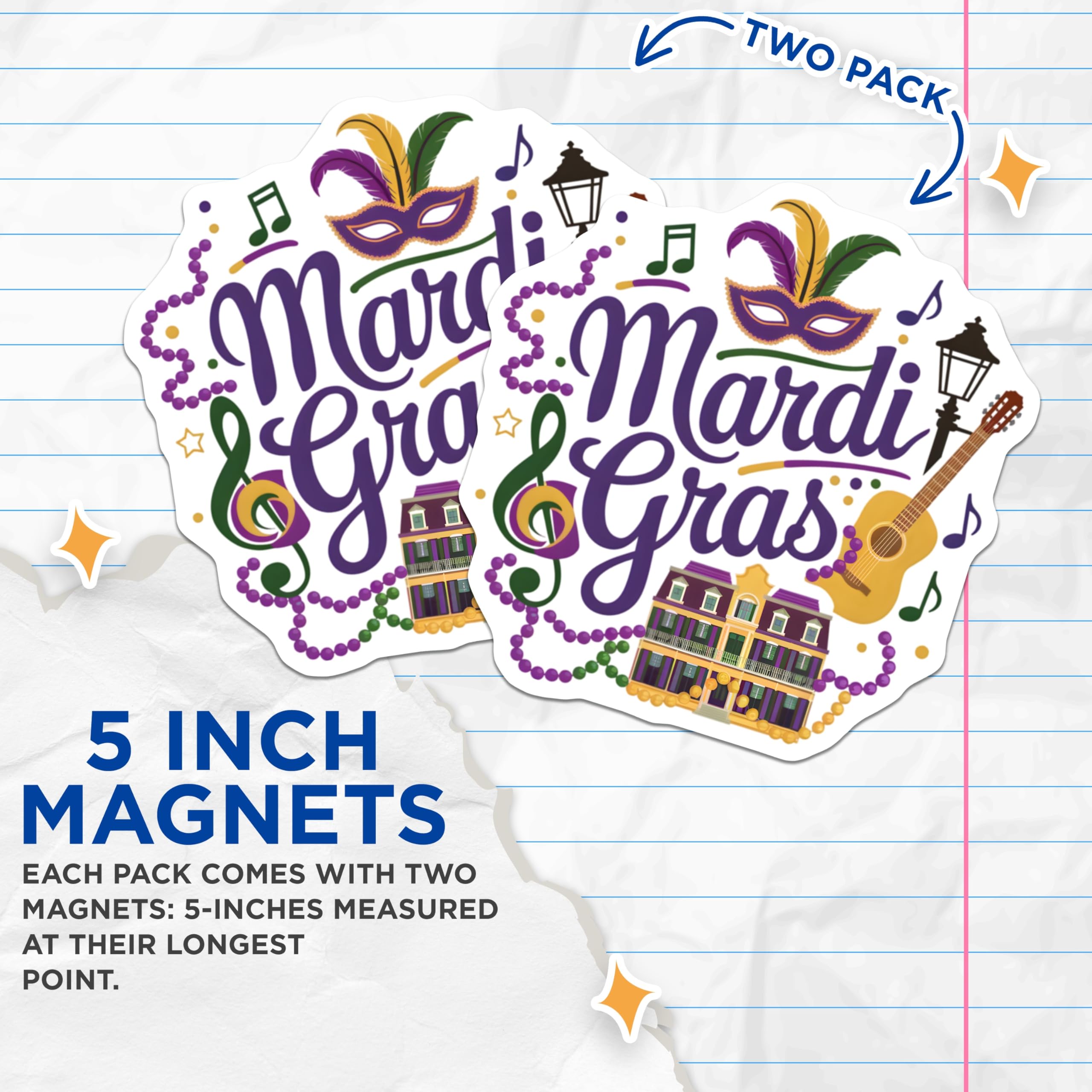 (2 Pack) Mardi Gras Magnets - Carnival Party Decor - New Orleans Fridge Magnets - 5" On Longest Side - Premium Magnet - for Cars, Refrigerators, Toolboxes, Lockers - Made in USA - MAG15896