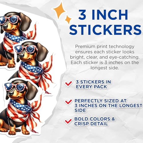 (3 Pack) Patriotic Dachshund Decals - USA Dog Decals - American Flag Stickers- 3 Inches On Longest Side - Easy Peel & Apply - Made in USA - 3MCS5244