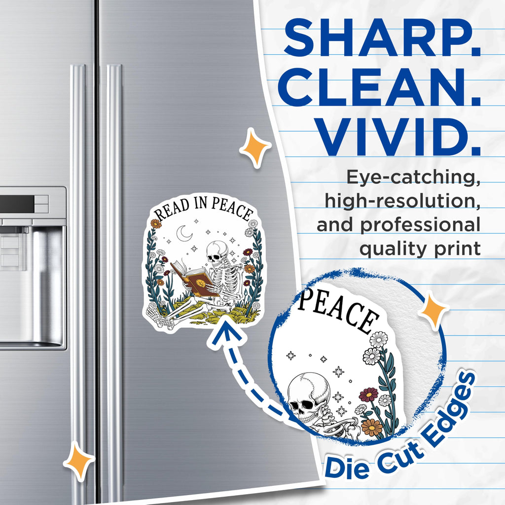 (2 Pack) Read in Peace Magnets - Skeleton Reader - Floral Book Lover Magnet - 5" On Longest Side - Premium Magnet - for Cars, Refrigerators, Toolboxes, Lockers - Made in USA - MAG18297