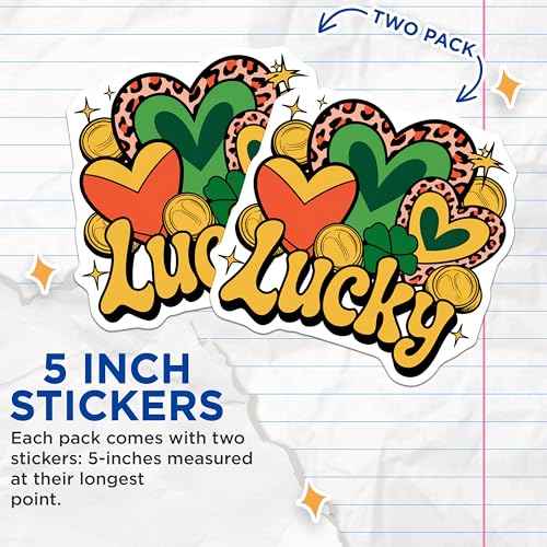 (2 Pack) Lucky Heart Stickers - Shamrock Design - St. Patrick's Day Stickers - 5" On Longest Side - Sticks to Smooth Flat Surfaces - Made in USA - BMCS6388