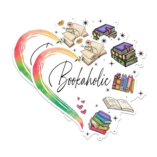 (2 Pack) Bookaholic Stickers - Reader's Heart Stickers - Bibliophile Stickers for Laptop and Journal - 5" On Longest Side - Sticks to Any Smooth Flat Surface - Made in USA - BMCS2864