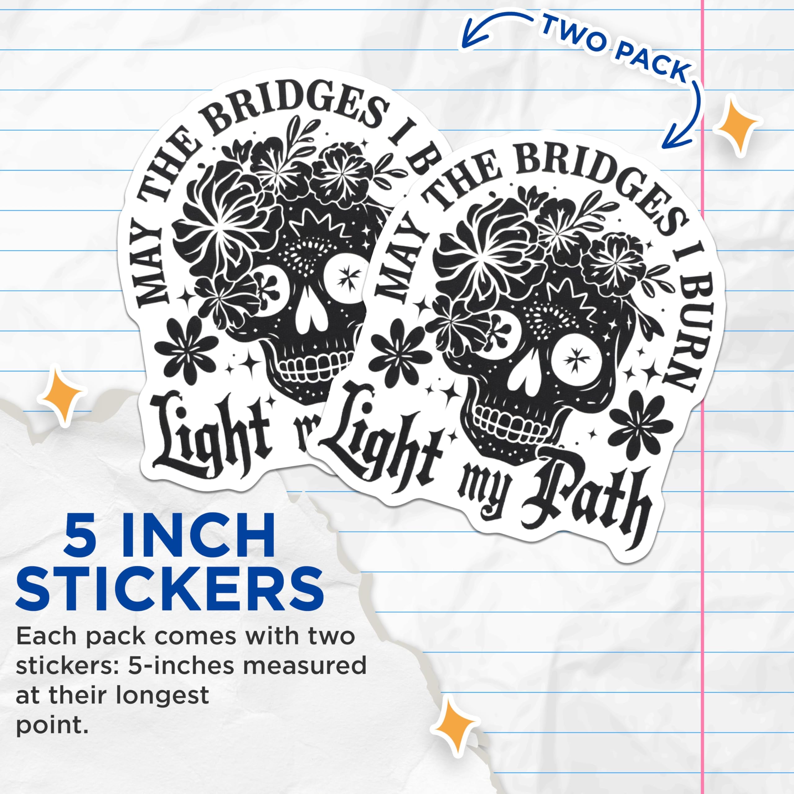 (2 Pack) May The Bridges I Burn Stickers - Motivational Skull Stickers - Gothic Skull Stickers - 5" On Longest Side - Sticks to Smooth Flat Surfaces - Made in USA - BMCS4623