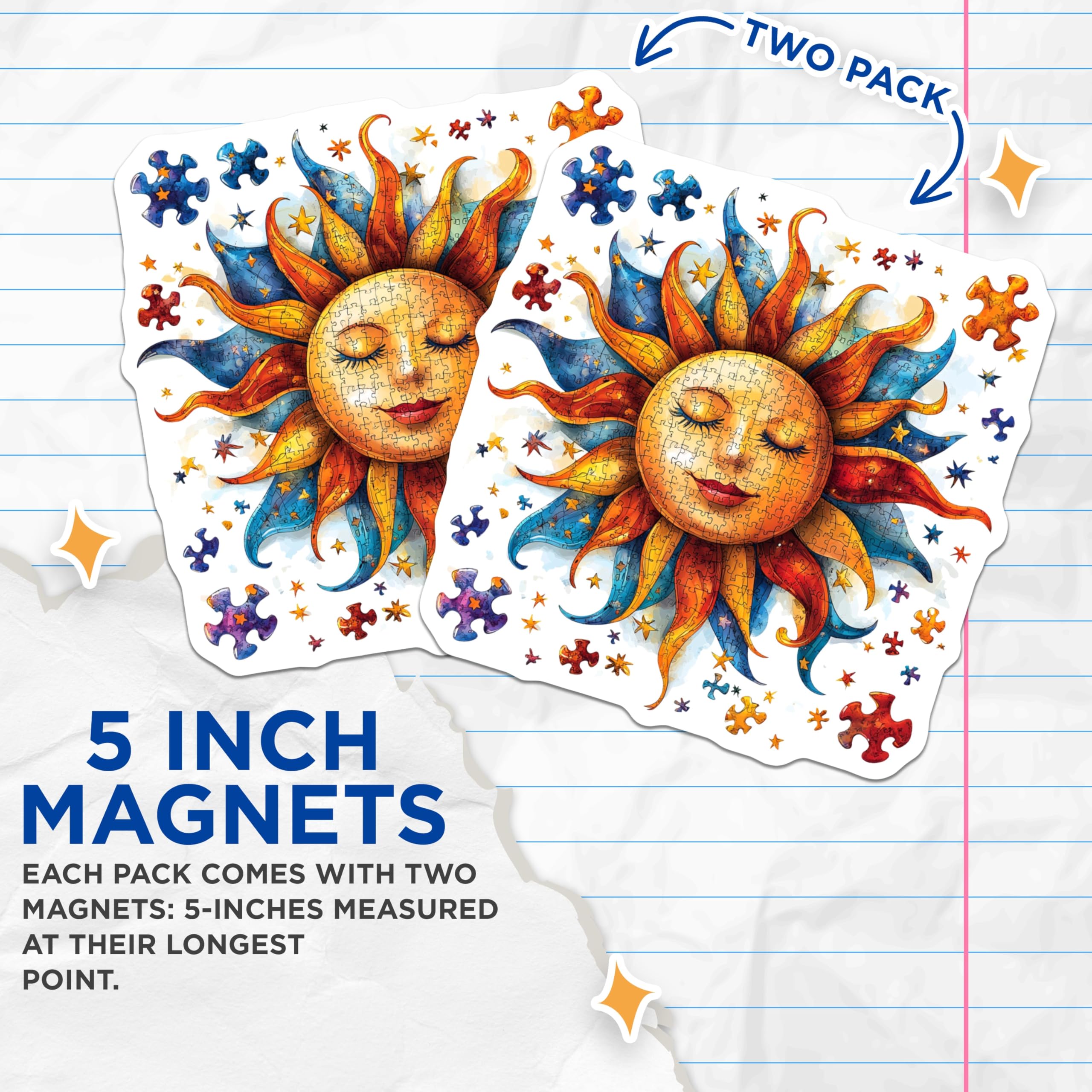 (2 Pack) Peaceful Sun Puzzle Magnets - Whimsical Jigsaw Art - Vibrant Kitchen Refrigerator Locker Accessory - 5 Inches On Longest Side - Thick Durable Magnet - Made in USA - MAG30355
