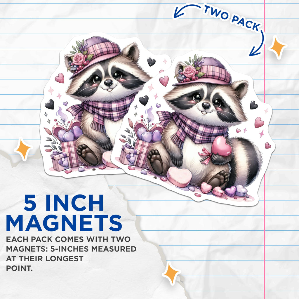 (2 Pack) Kawaii Raccoon Magnets - Plaid Hat Scarf Design - Valentine's Sweetheart Animal Decor - 5 Inches On Longest Side - Thick Durable Magnet - Made in USA - MAG20300