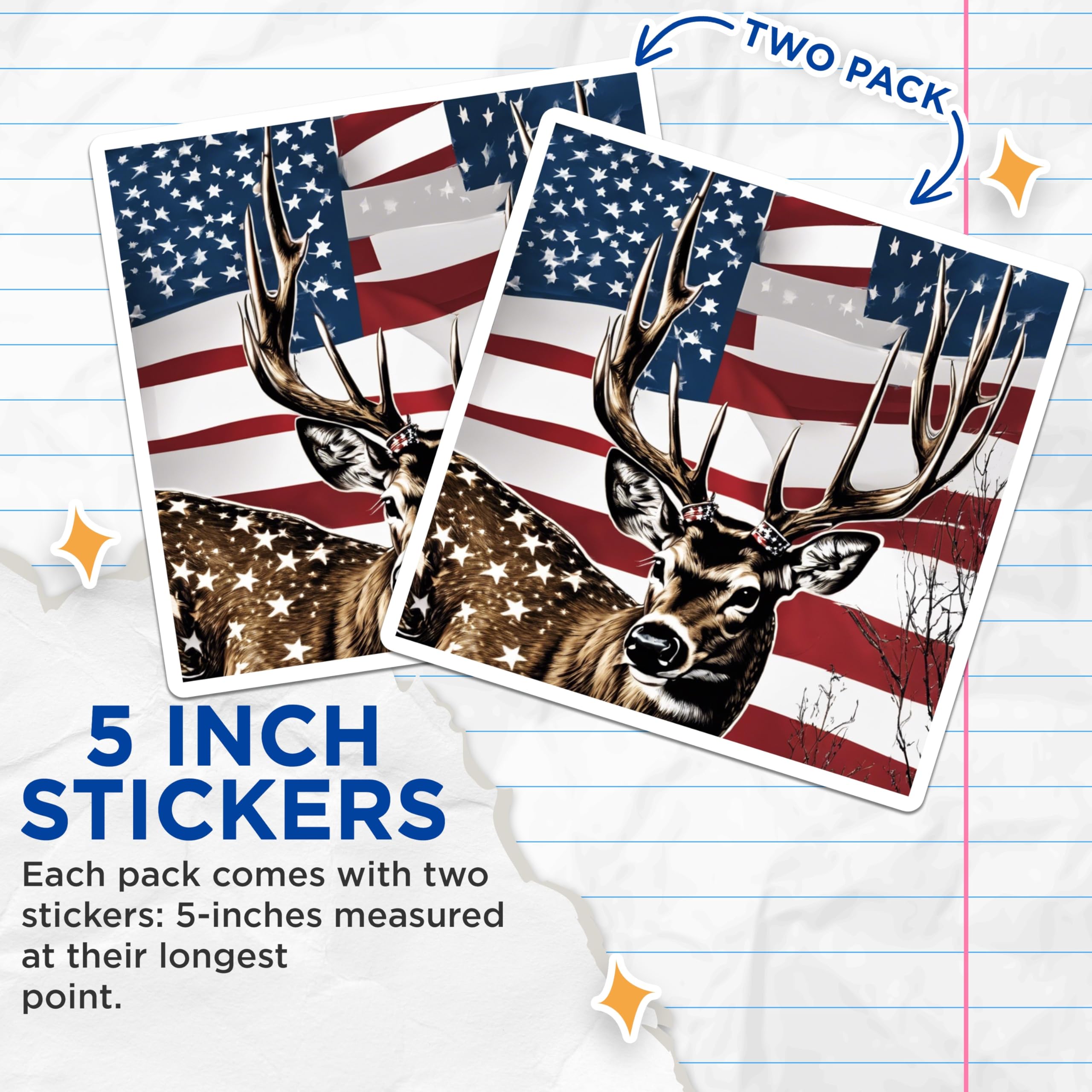 (2 Pack) Patriotic Deer Stickers - American Flag Buck - USA Wildlife Hunter - 5" On Longest Side - Sticks to Smooth Flat Surfaces - Made in USA - BMCS20078