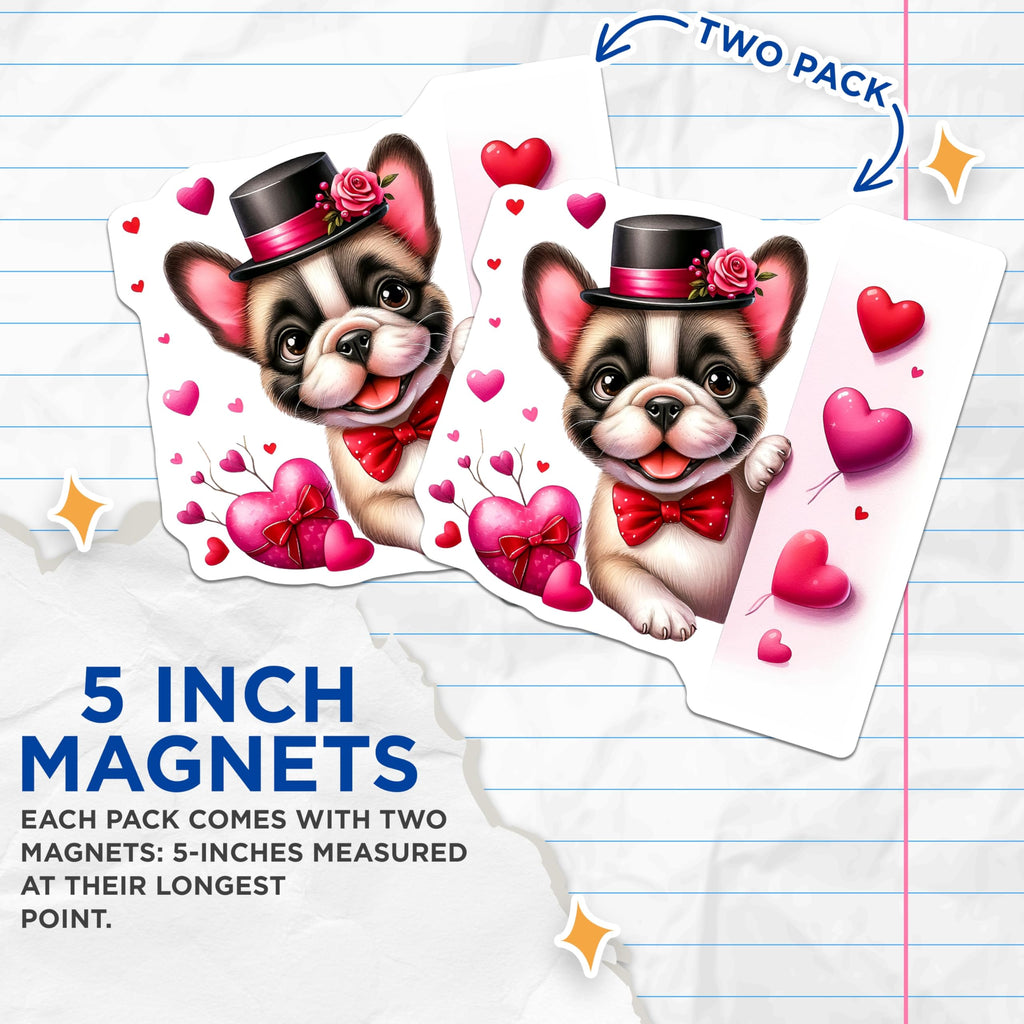 (2 Pack) Valentines Bulldog Magnets - Cute Dog with Hat and Bowtie - Heart Decorations - 5" On Longest Side - Premium Magnet - for Cars, Refrigerators, Toolboxes, Lockers - Made in USA - MAG14015