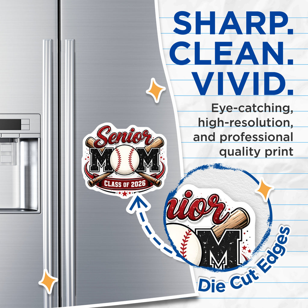 (2 Pack) Senior Mom 2026 Magnets - Baseball Mama Spirit - Graduation Team Pride - 5 Inches On Longest Side - Thick Durable Magnet - Made in USA - MAG38060