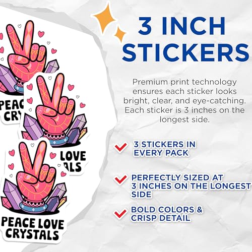 (3 Pack) Peace Love Crystals Decals - Boho Laptop Sticker - Cute Hippie Decal- 3 Inches On Longest Side - Easy Peel & Apply - Made in USA - 3MCS5196