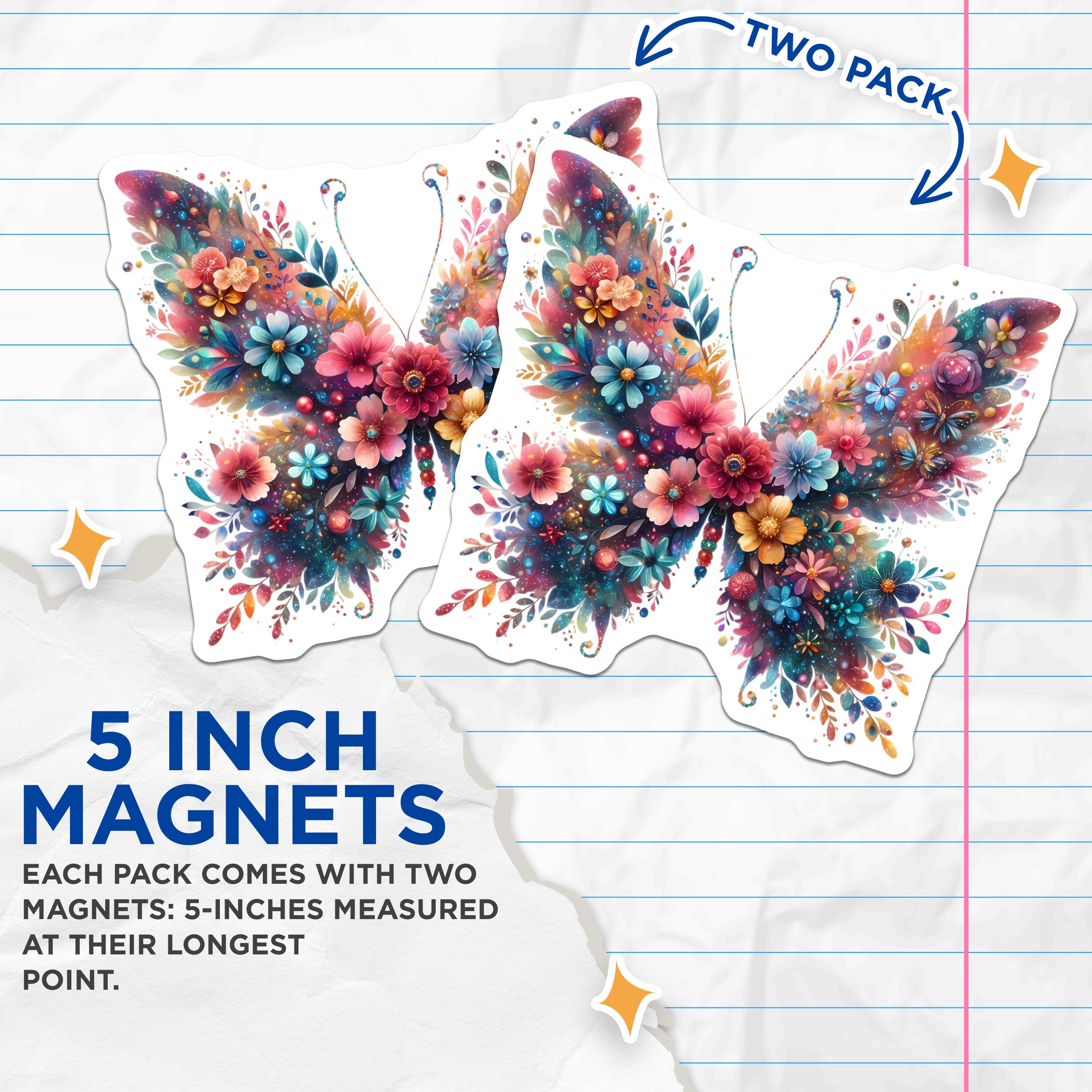 (2 Pack) Floral Butterfly Magnets - Vibrant Flower Nature - Whimsical Refrigerator Decor - 5 Inches On Longest Side - Thick Durable Magnet - Made in USA - MAG37782
