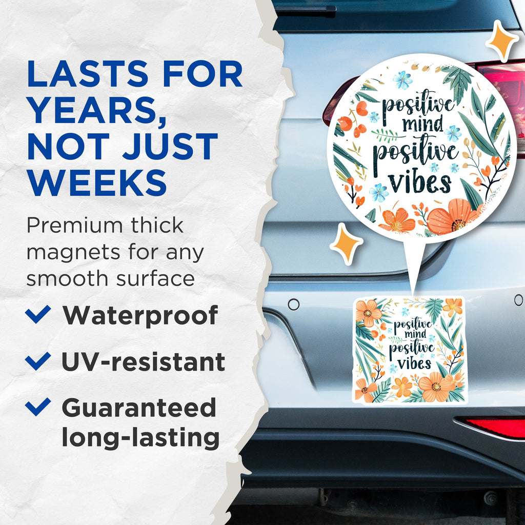 (2 Pack) Positive Mind Positive Vibes Magnets - Boho Floral Decor - Inspirational Quote - Botanical Refrigerator Magnet - 5 Inches On Longest Side - Thick Durable Magnet - Made in USA - MAG37008