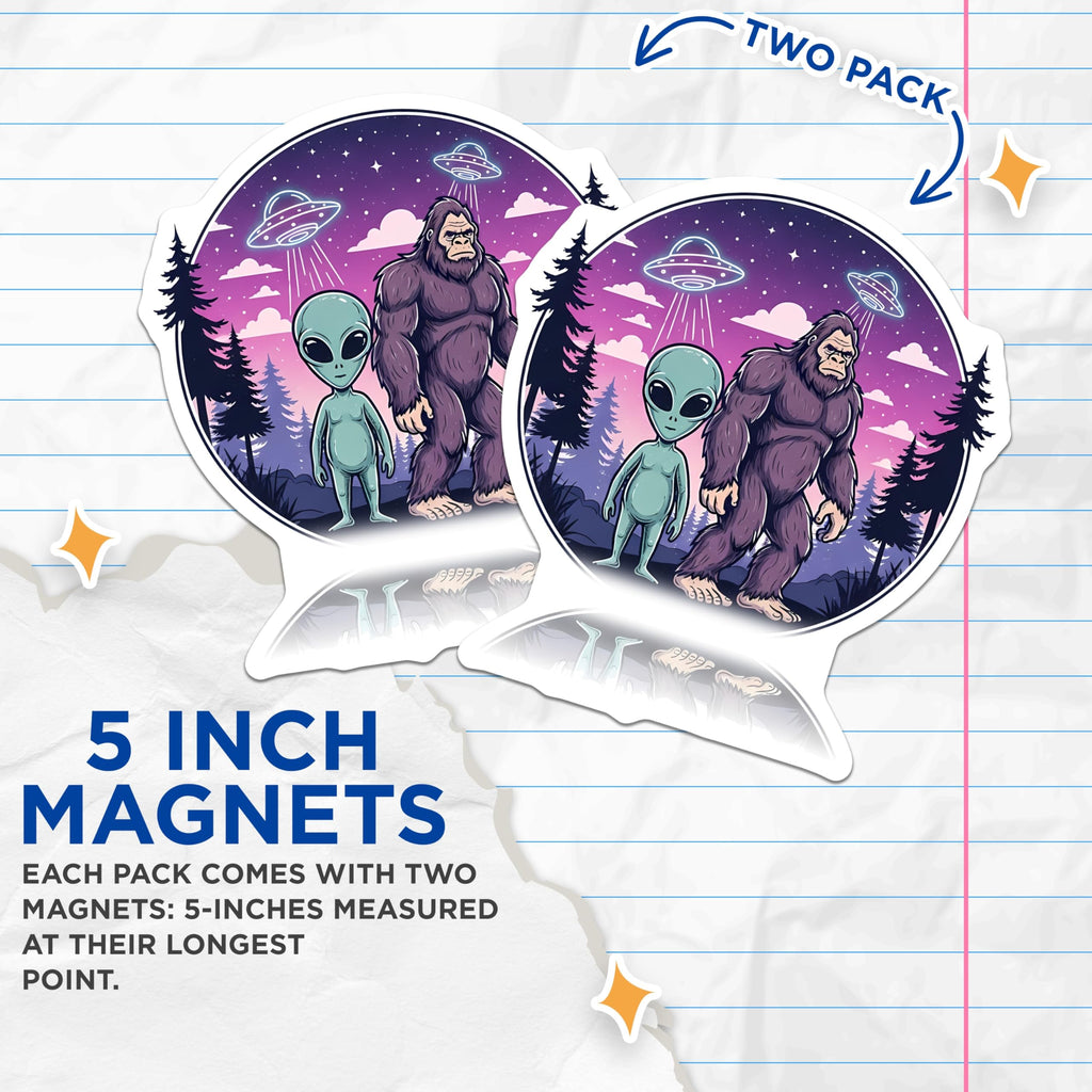 (2 Pack) Bigfoot Alien Magnets - Sasquatch UFO Sci-Fi Decor - Extraterrestrial Forest Night Sky Cryptid Enthusiast - 5 Inches On Longest Side - Thick Durable Magnet - Made in USA - MAG20514