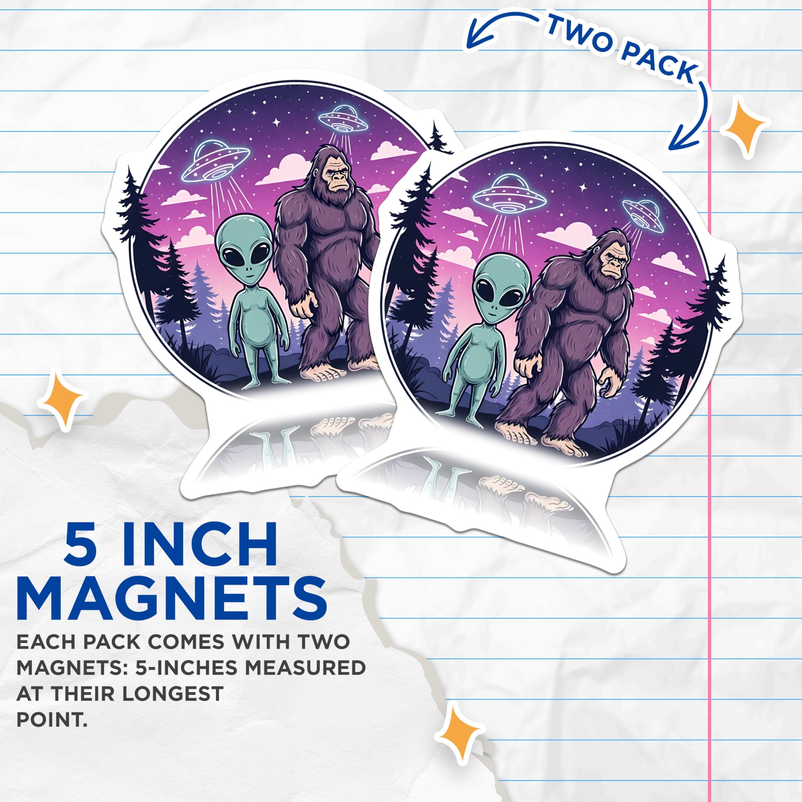 (2 Pack) Bigfoot Alien Magnets - Sasquatch UFO Sci-Fi Decor - Extraterrestrial Forest Night Sky Cryptid Enthusiast - 5 Inches On Longest Side - Thick Durable Magnet - Made in USA - MAG20514
