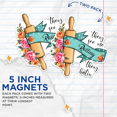 (2 Pack) Rolling Pin Kitchen Magnets - Funny Baking Magnets - Cute Kitchen Decor Magnets with Floral Design- 5" On Longest Side - for Fridges, Toolboxes, Cars - Made in USA - MAG3044